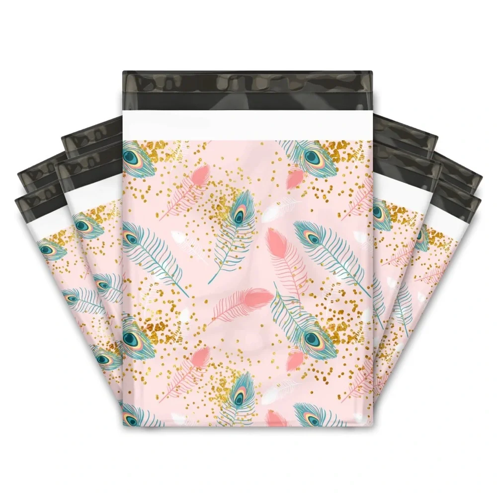 Pink Peacock 🦚 Feathers Poly Mailers 10x13 Pack of 25